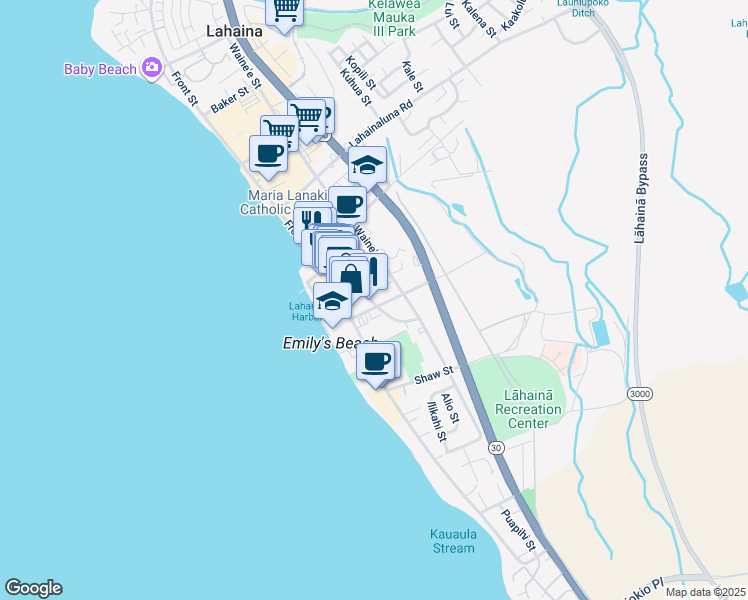 map of restaurants, bars, coffee shops, grocery stores, and more near 604 Luakini Street in Lahaina
