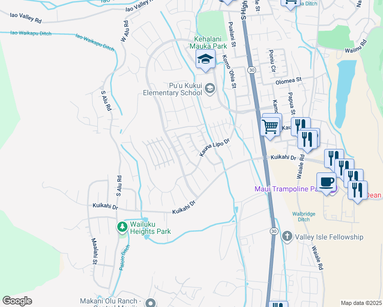 map of restaurants, bars, coffee shops, grocery stores, and more near 96 Kinohi Loa Street in Wailuku