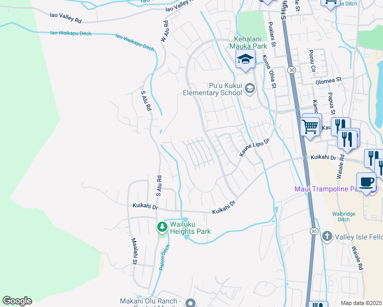 map of restaurants, bars, coffee shops, grocery stores, and more near 68 Awela Circle in Wailuku