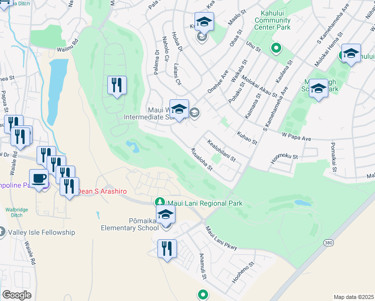 map of restaurants, bars, coffee shops, grocery stores, and more near 88 Kuukama Street in Kahului