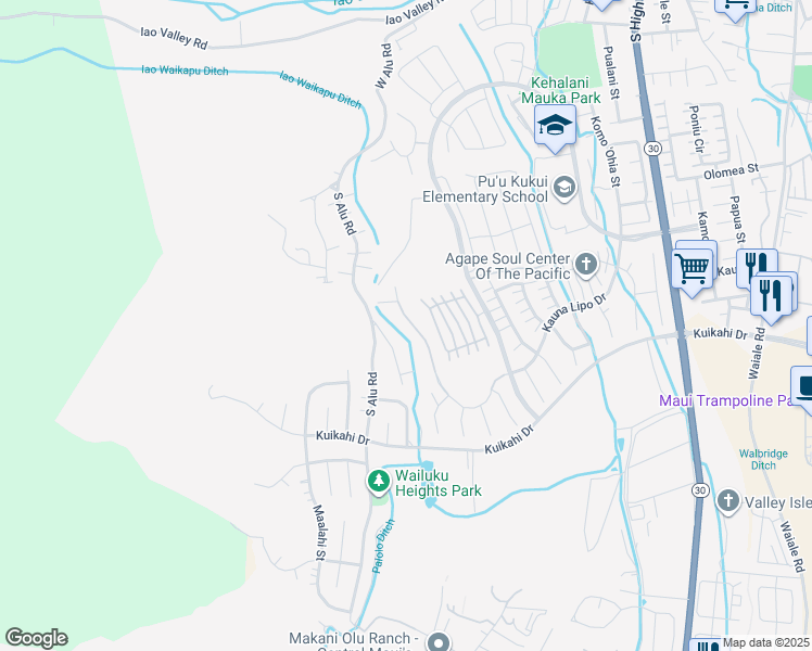 map of restaurants, bars, coffee shops, grocery stores, and more near 0 Kauna Lipo Drive in Wailuku