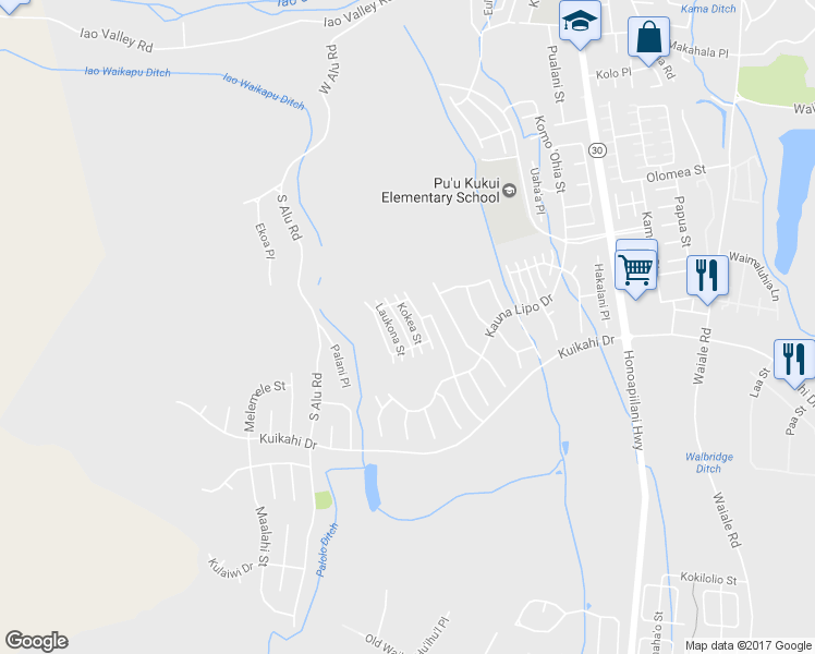 map of restaurants, bars, coffee shops, grocery stores, and more near 31 Awela Circle in Wailuku