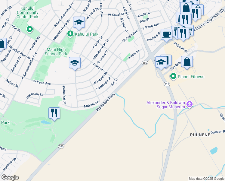 map of restaurants, bars, coffee shops, grocery stores, and more near Polu Place in Kahului
