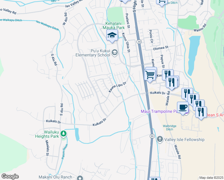 map of restaurants, bars, coffee shops, grocery stores, and more near 63 Kinohi Loa Loop in Wailuku
