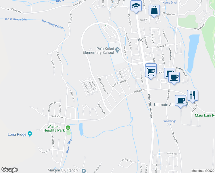 map of restaurants, bars, coffee shops, grocery stores, and more near 96 Kinohi Loa Street in Wailuku