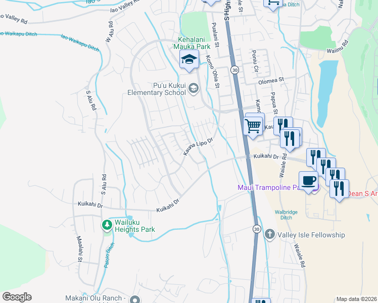 map of restaurants, bars, coffee shops, grocery stores, and more near 63 Kinohi Loa Loop in Wailuku