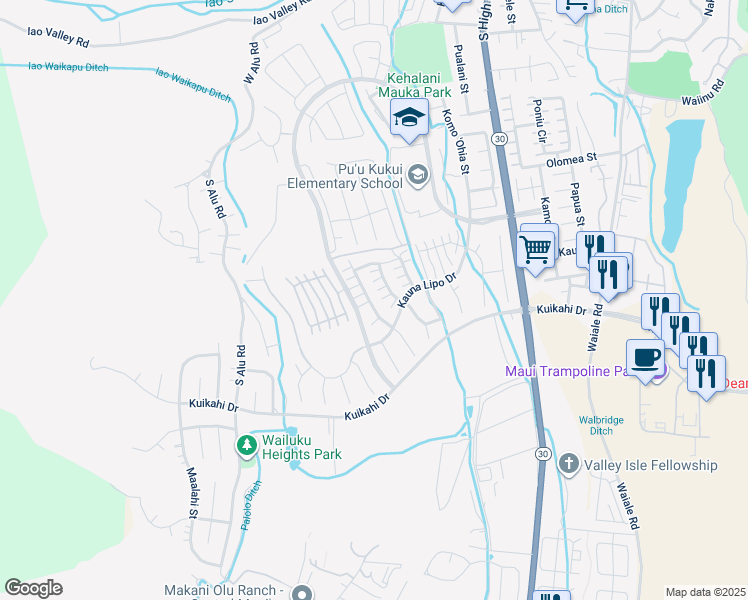 map of restaurants, bars, coffee shops, grocery stores, and more near 325 Maka Hou Loop in Wailuku