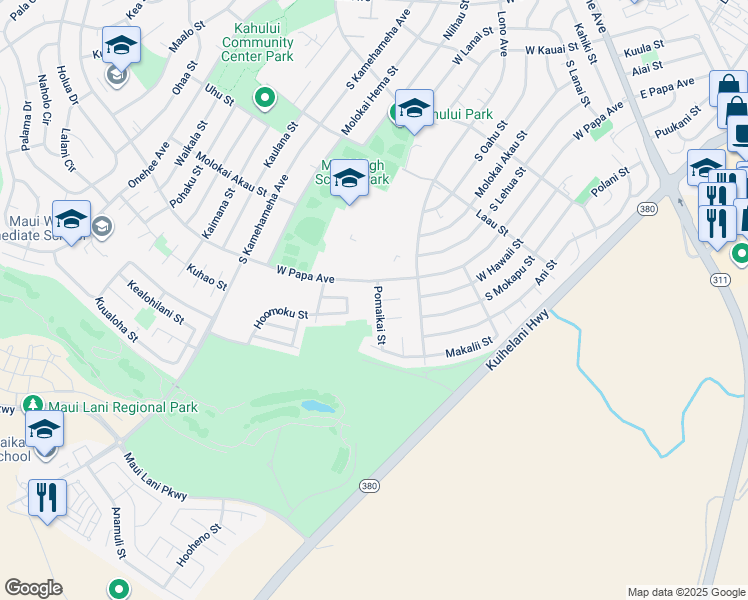 map of restaurants, bars, coffee shops, grocery stores, and more near 738 Pomaikai Street in Kahului