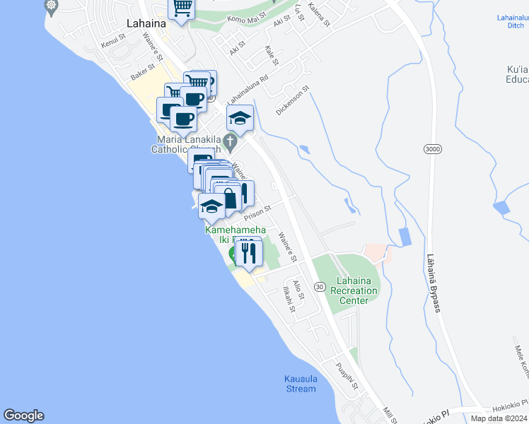 map of restaurants, bars, coffee shops, grocery stores, and more near 188 Prison Street in Lahaina