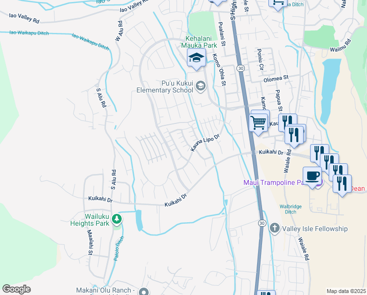 map of restaurants, bars, coffee shops, grocery stores, and more near 96 Kinohi Loa Street in Wailuku