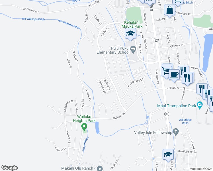 map of restaurants, bars, coffee shops, grocery stores, and more near 63 Awela Circle in Wailuku