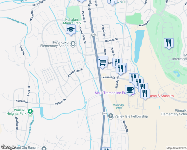 map of restaurants, bars, coffee shops, grocery stores, and more near 96 Hakalani Place in Wailuku