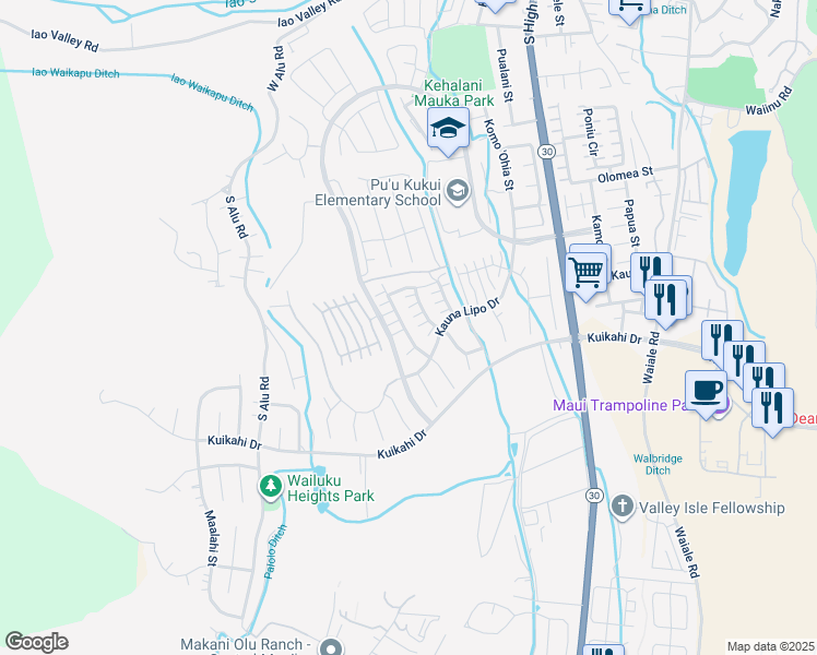map of restaurants, bars, coffee shops, grocery stores, and more near 325 Maka Hou Loop in Wailuku