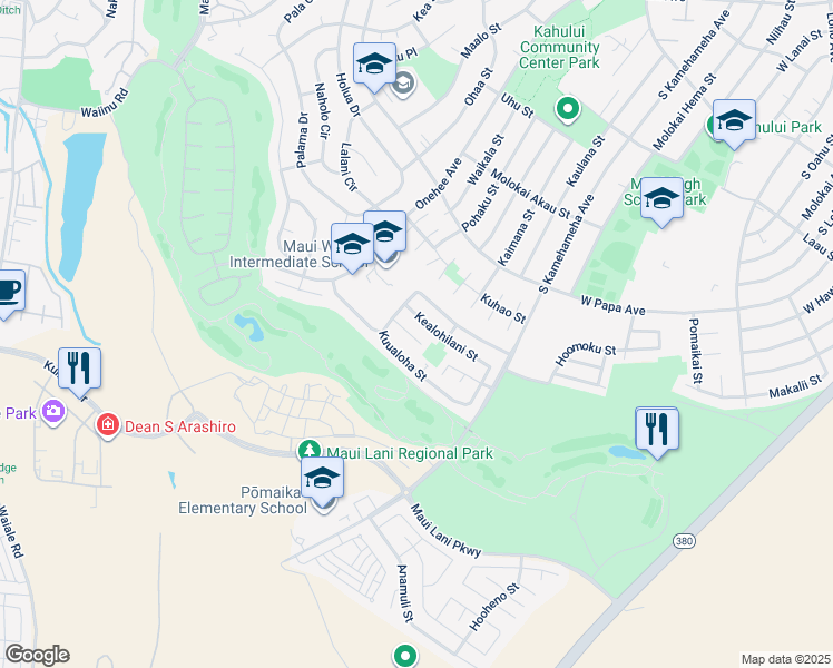 map of restaurants, bars, coffee shops, grocery stores, and more near 33 Kuuhale Place in Kahului