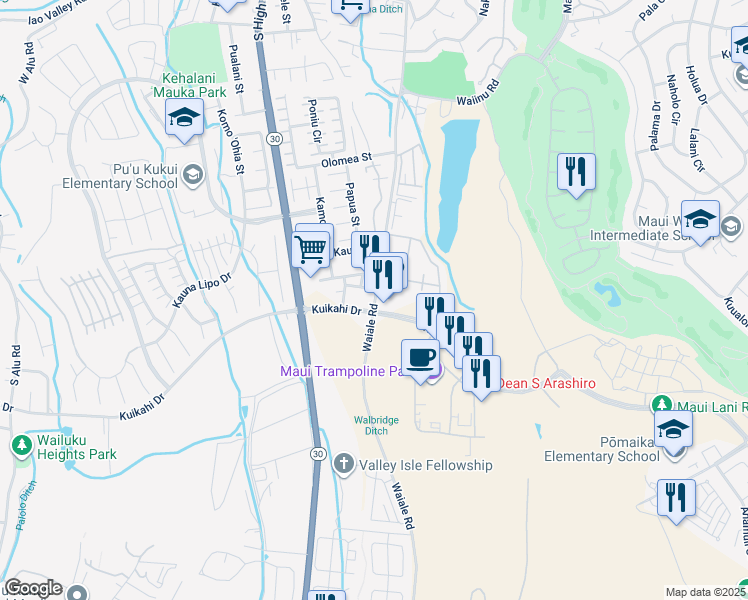 map of restaurants, bars, coffee shops, grocery stores, and more near Waiale Road in Maui County