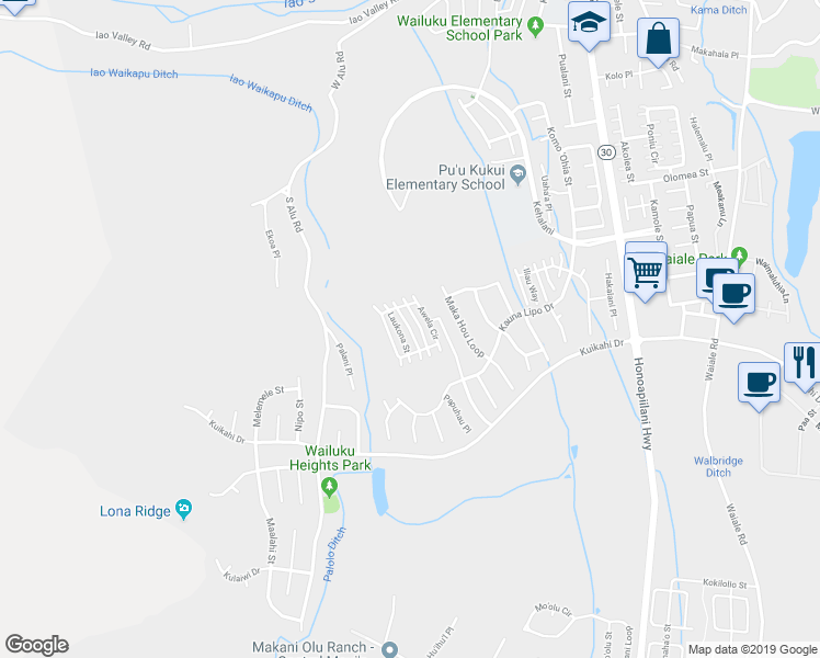 map of restaurants, bars, coffee shops, grocery stores, and more near 51 Pohina Street in Wailuku