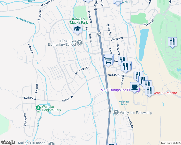 map of restaurants, bars, coffee shops, grocery stores, and more near 42 Kumulipo Place in Wailuku