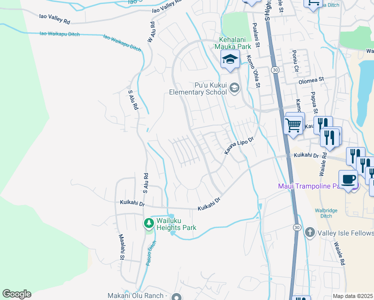 map of restaurants, bars, coffee shops, grocery stores, and more near 21 Laukona Street in Wailuku