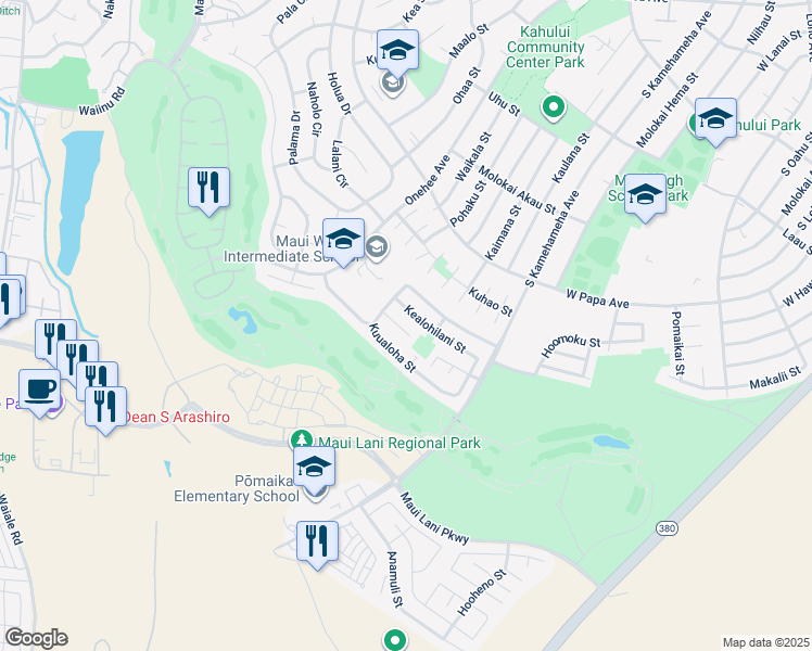 map of restaurants, bars, coffee shops, grocery stores, and more near 33 Kuuhale Place in Kahului