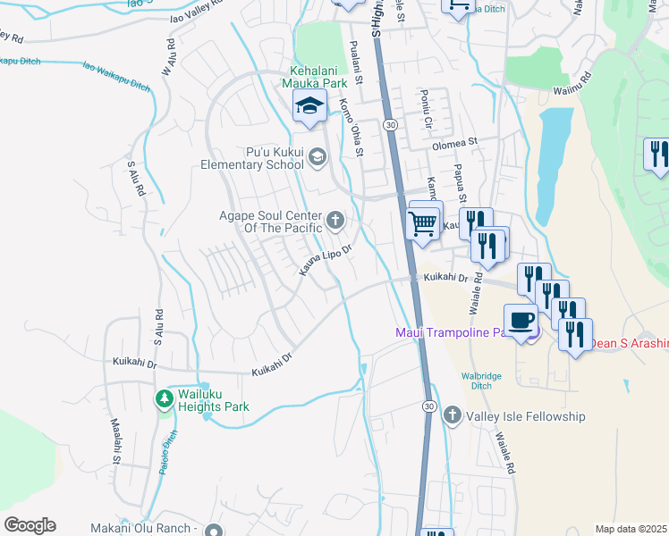 map of restaurants, bars, coffee shops, grocery stores, and more near 154 Kinohi Loa Loop in Wailuku