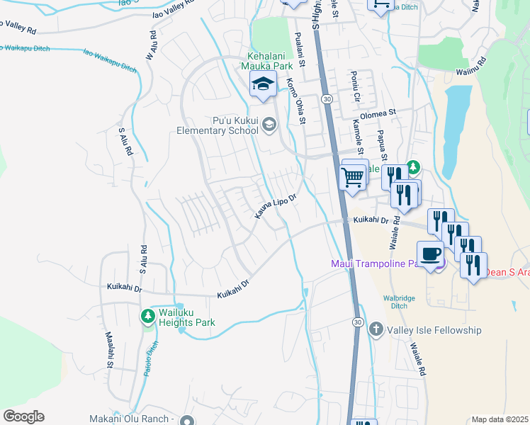map of restaurants, bars, coffee shops, grocery stores, and more near 67 Kinohi Loa Loop in Wailuku