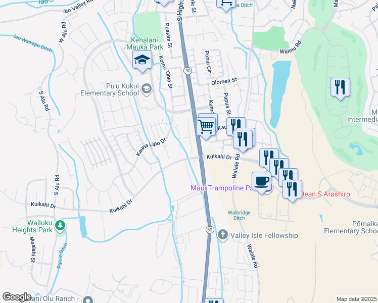 map of restaurants, bars, coffee shops, grocery stores, and more near 96 Hakalani Place in Wailuku