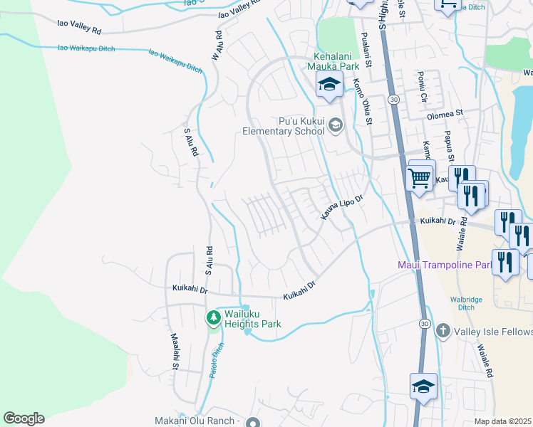 map of restaurants, bars, coffee shops, grocery stores, and more near 63 Awela Circle in Wailuku