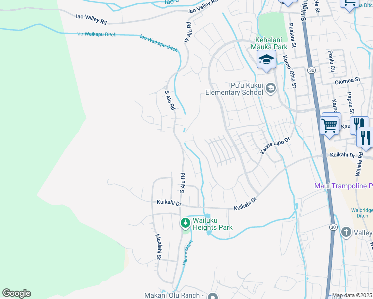 map of restaurants, bars, coffee shops, grocery stores, and more near 401 Palani Place in Wailuku