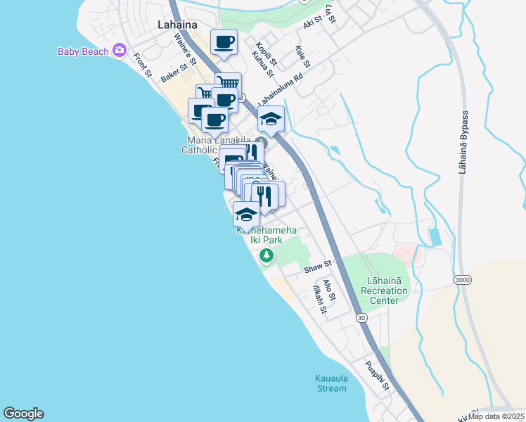 map of restaurants, bars, coffee shops, grocery stores, and more near 647 Luakini Street in Lahaina