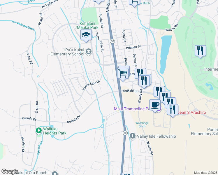 map of restaurants, bars, coffee shops, grocery stores, and more near 69 Maunaleo Place in Wailuku