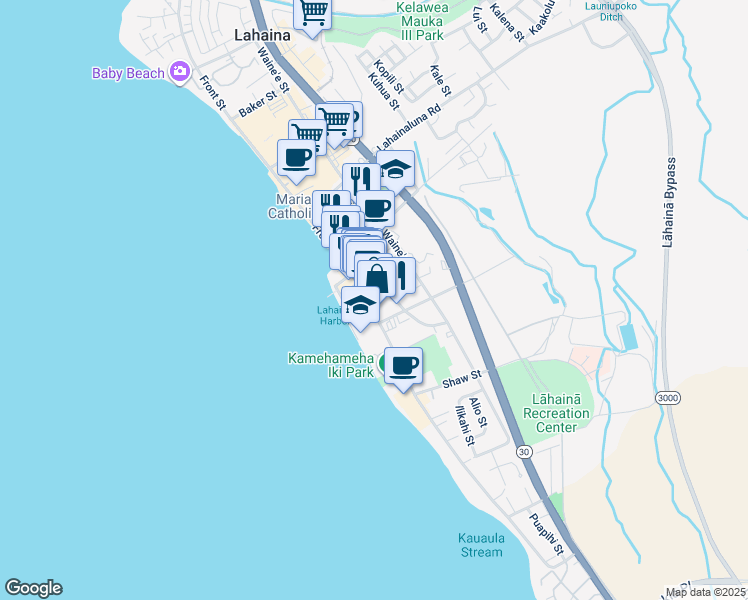map of restaurants, bars, coffee shops, grocery stores, and more near 647 Luakini Street in Lahaina