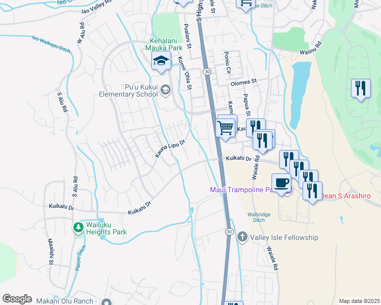 map of restaurants, bars, coffee shops, grocery stores, and more near 42 Kumulipo Place in Wailuku