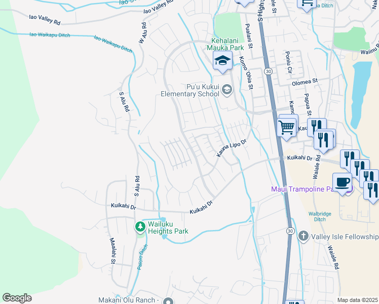 map of restaurants, bars, coffee shops, grocery stores, and more near 39 Awela Circle in Wailuku
