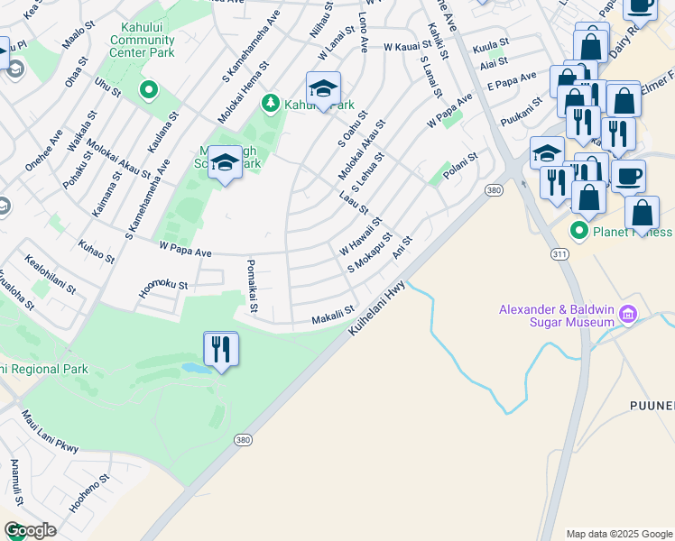 map of restaurants, bars, coffee shops, grocery stores, and more near 358 West Hawaii Street in Kahului