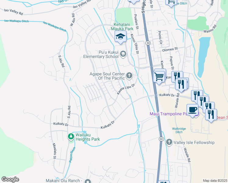map of restaurants, bars, coffee shops, grocery stores, and more near 98 Kinohi Loa Street in Wailuku