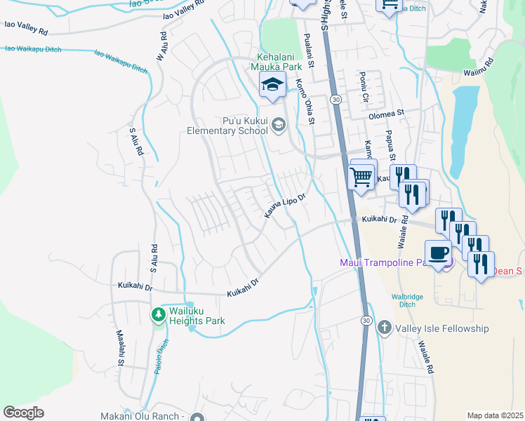 map of restaurants, bars, coffee shops, grocery stores, and more near 107 Kinohi Loa Street in Wailuku