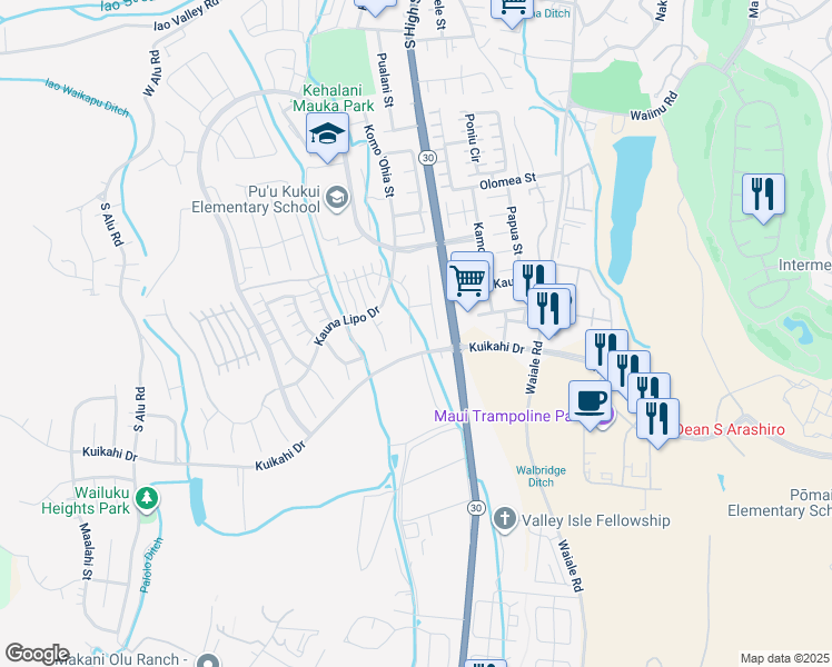 map of restaurants, bars, coffee shops, grocery stores, and more near 69 Maunaleo Place in Wailuku