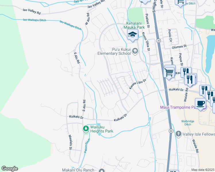 map of restaurants, bars, coffee shops, grocery stores, and more near 43 Pohina Street in Wailuku
