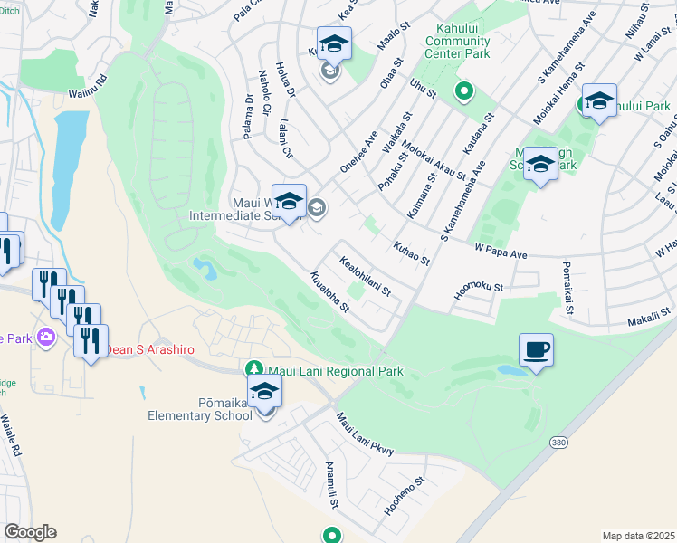 map of restaurants, bars, coffee shops, grocery stores, and more near 31 Kuuhale Place in Kahului