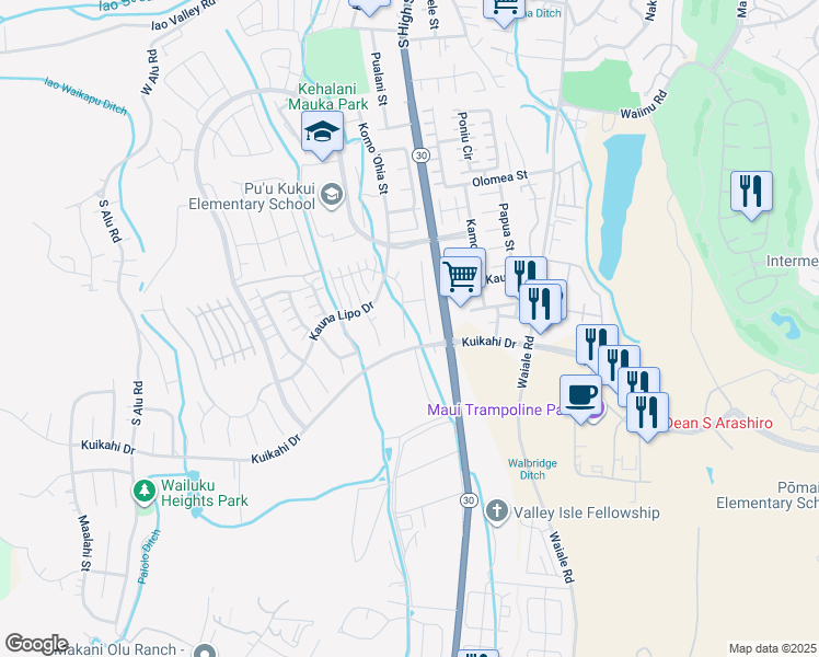 map of restaurants, bars, coffee shops, grocery stores, and more near 69 Maunaleo Place in Wailuku