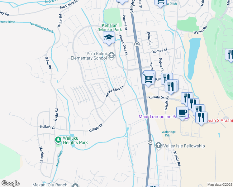 map of restaurants, bars, coffee shops, grocery stores, and more near 160 Kinohi Loa Loop in Wailuku