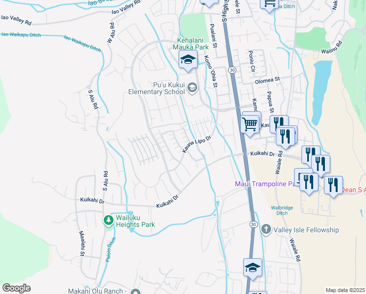 map of restaurants, bars, coffee shops, grocery stores, and more near 107 Kinohi Loa Street in Wailuku