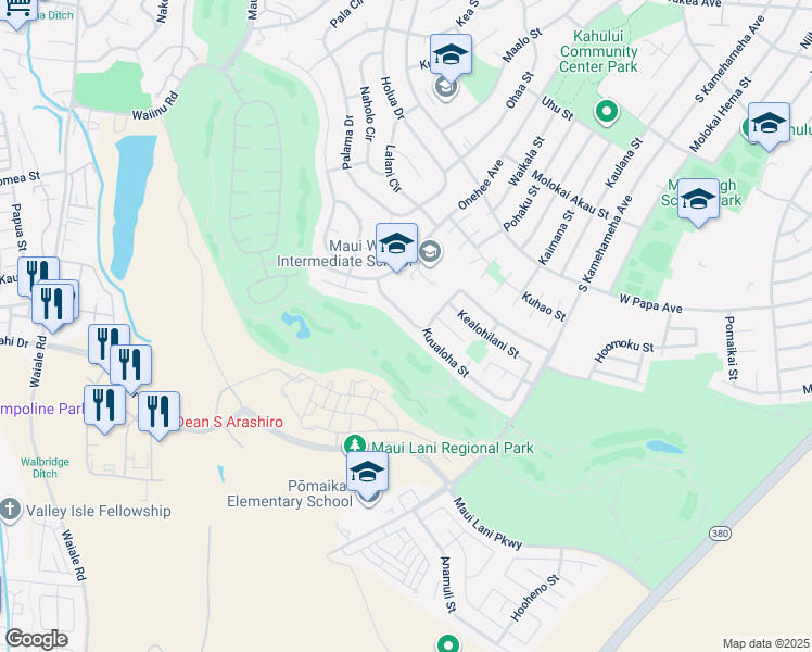 map of restaurants, bars, coffee shops, grocery stores, and more near 74 Kuukama Street in Kahului