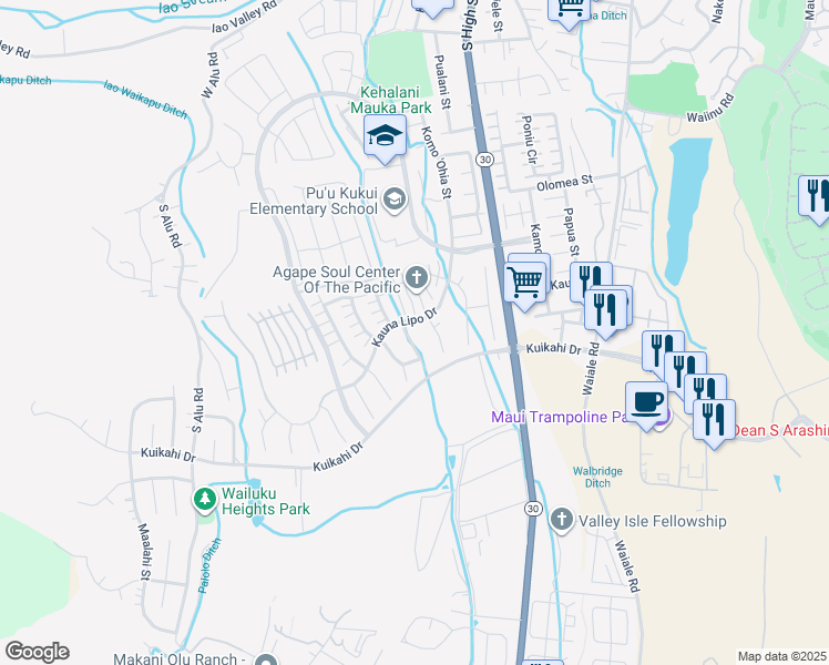 map of restaurants, bars, coffee shops, grocery stores, and more near 154 Kinohi Loa Loop in Wailuku