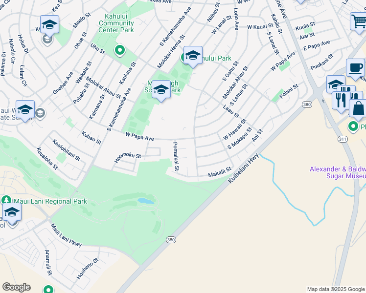 map of restaurants, bars, coffee shops, grocery stores, and more near 454 Kipuka Place in Kahului