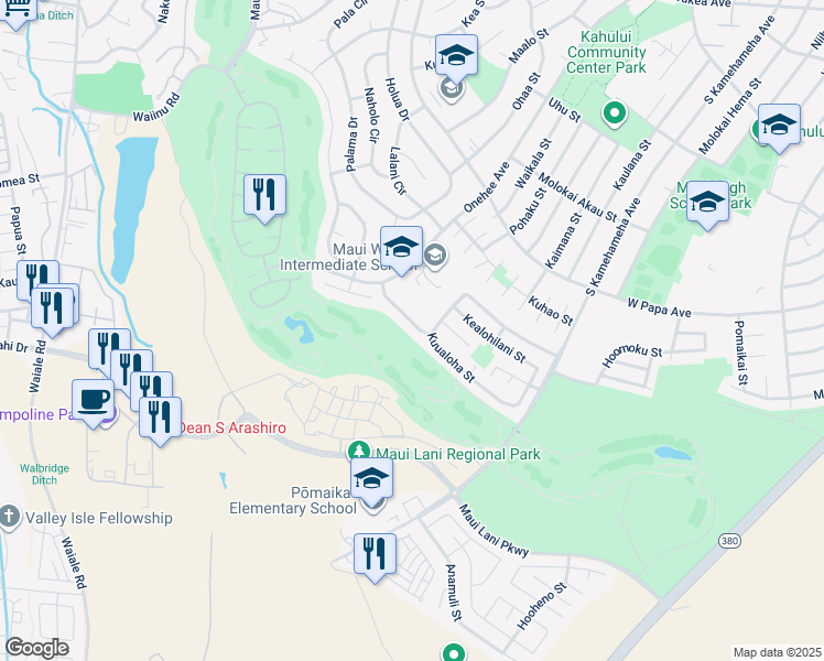 map of restaurants, bars, coffee shops, grocery stores, and more near 74 Kuukama Street in Kahului