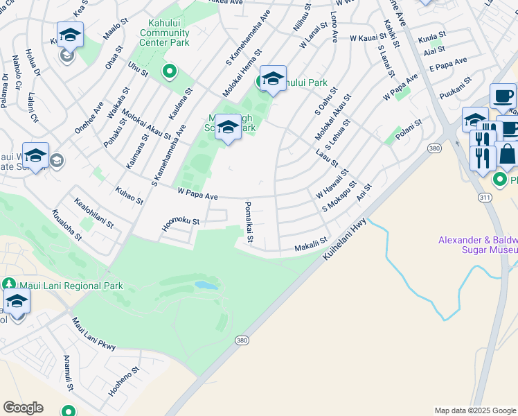 map of restaurants, bars, coffee shops, grocery stores, and more near 454 Kipuka Place in Kahului