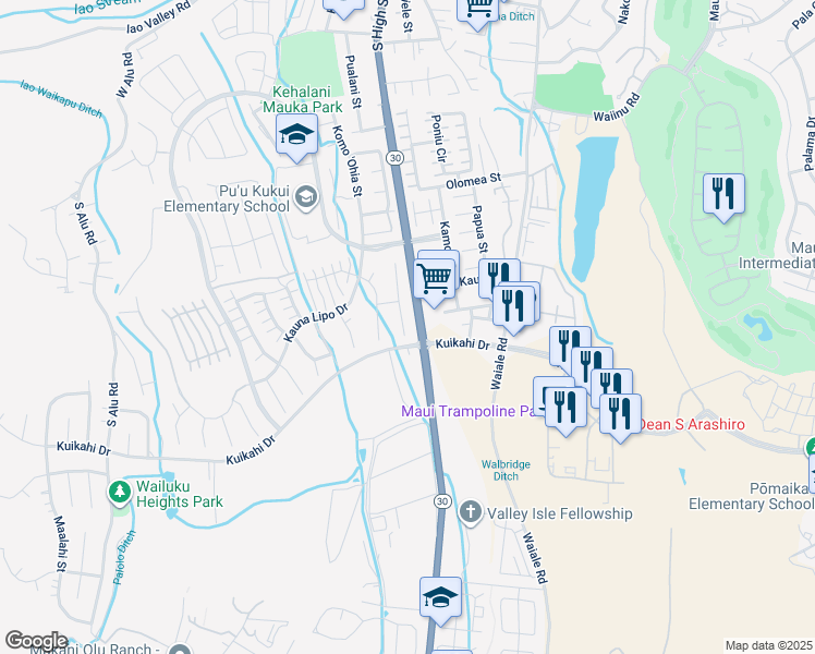 map of restaurants, bars, coffee shops, grocery stores, and more near 85 Hakalani Place in Wailuku