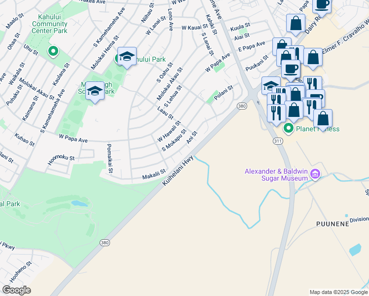 map of restaurants, bars, coffee shops, grocery stores, and more near 281 Ani Street in Kahului