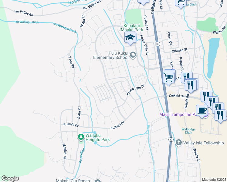 map of restaurants, bars, coffee shops, grocery stores, and more near 294 Maka Hou Loop in Wailuku
